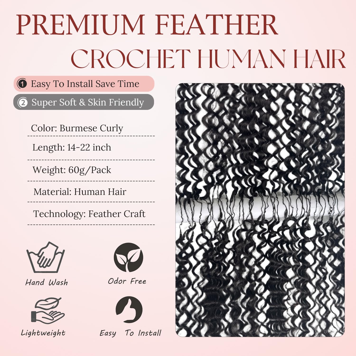 Burmese Cruly Feather Crochet Human Hair Extensions Salon-Level Pre-Separated Lightweight Reusable No Tangle Shedding Thick Invisible Pre-Looped For Boho Braids 60g 14inch 50Strands