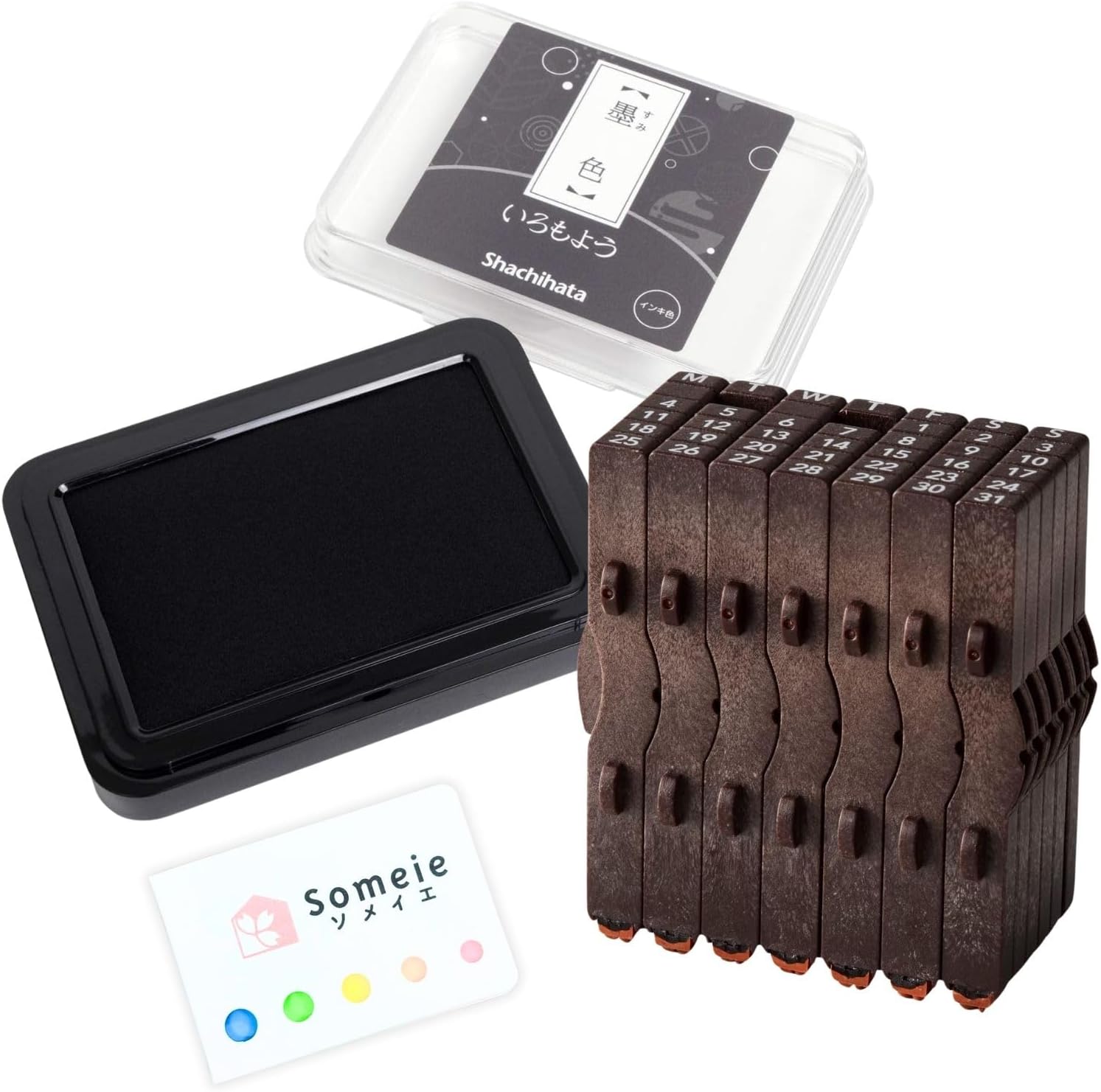 Perpetual Calendar Rubber Stamp Set｜Consolidated Numbers Stamp English GRJ-5ACE，Stamp Pad IROMOYO Traditional Japanese Ink Colour Black (Sumi-Iro) HAC-1-K & Sticky Notes Set