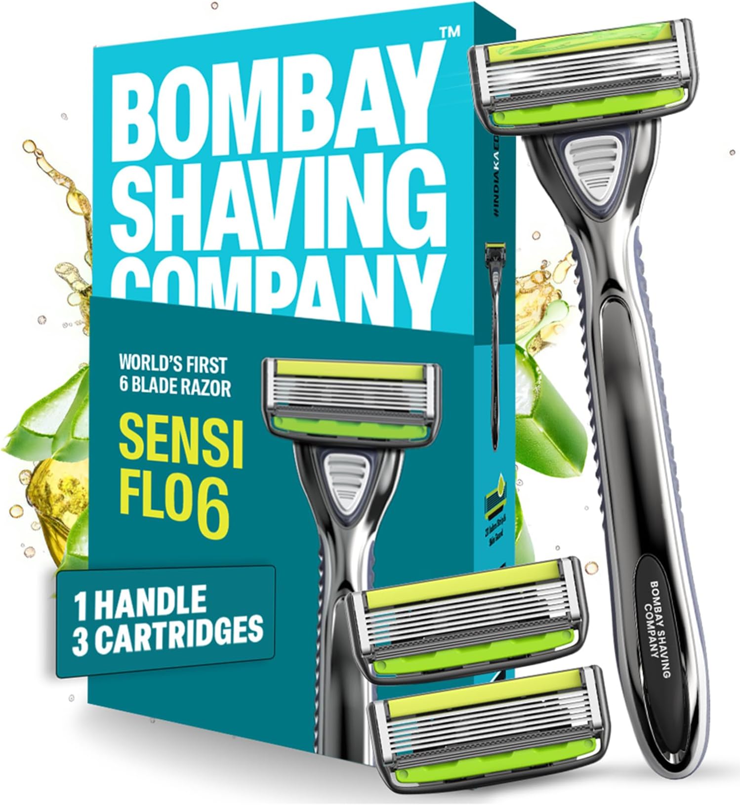 Sensi Flo 6 Value Pack (Handle + 3 Blades Cartridge) | Up To 4 Months Of Shaves |World's First 6 Blade Razor for men, Trimmer Blade, Skin Guard With Aloe And Vit E Lubra Strip