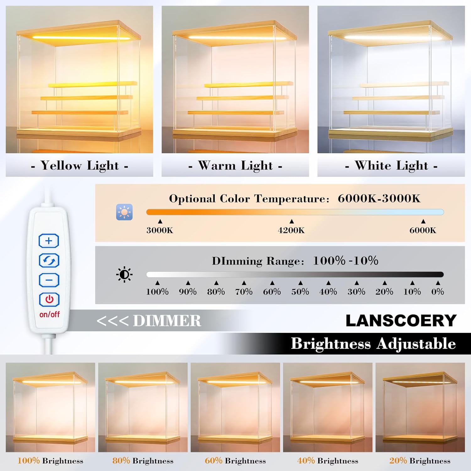 LANSCOERY LED Lighted Acrylic Display Case, 5 Tier Display Box for Collectibles and Action Figures, Clear Dustproof Organizer with Wooden Base – 11.8x11x11.8inch