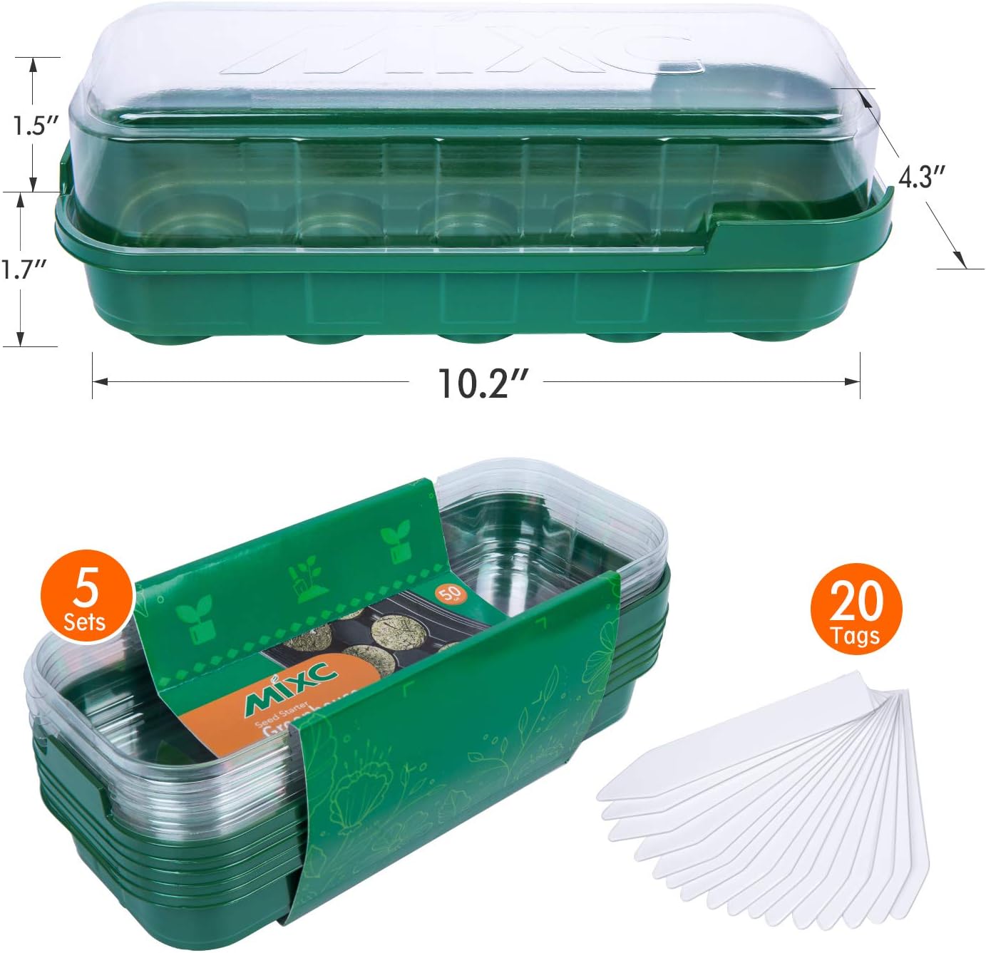 MIXC 5-Pack Mini Seed Starter Kit Sturdy Windowsill Greenhouse Trays with Cover Dome and Instruction for 36mm Peat Pellets Indoor/Outdoor Gardening