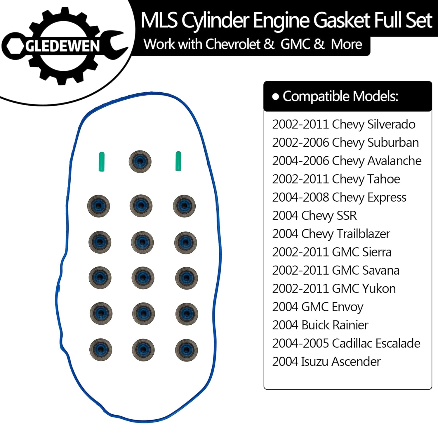Head Gasket Set, Compatible with 2002-2011 Chevy Silverado Tahoe Avalanche Express Suburban, GMC Sierra Savana Yukon Envoy, Buick Cadillac Isuzu 4.8L 5.3L V8 CS9284, HS26191PT MLS Engine Gasket Kit