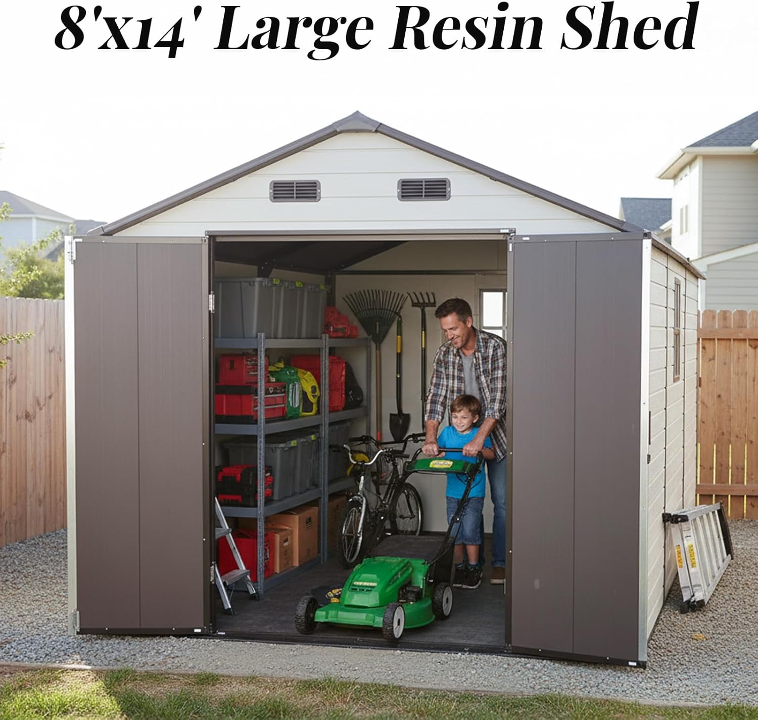 8x14 FT Resin Storage Shed with Floor, Lockable Outdoor Storage with Vents, 2 Windows, Aluminum Frame for Backyard Garden Patio Lawn, All-Weather Use (Brown+White)