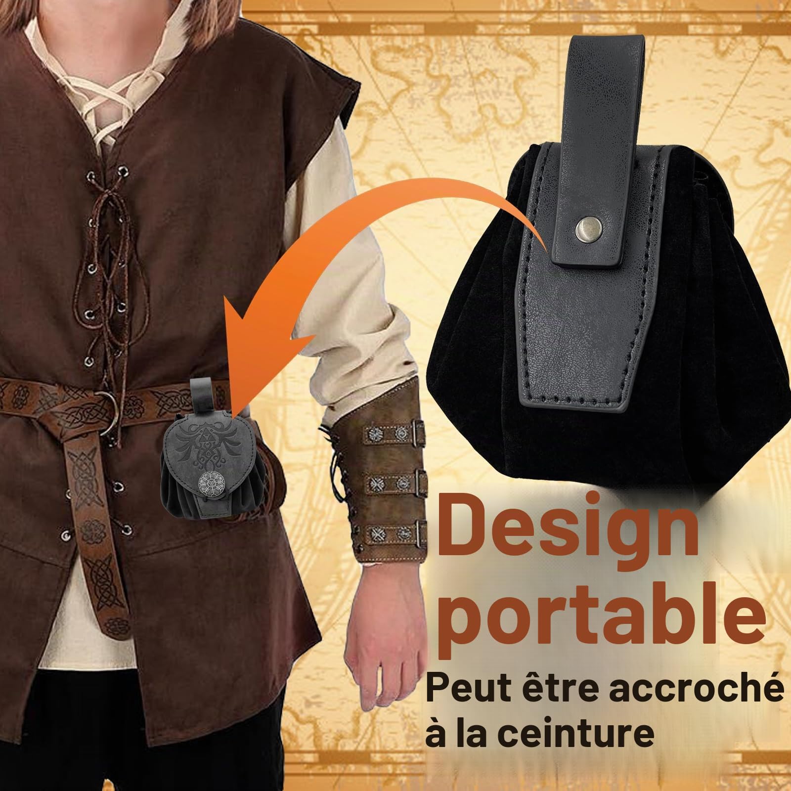 Pochette de Ceinture en Faux Cuir embossé médiéval, Retro Renaissance Portable Belt Bag Coin Purse Dice Bag