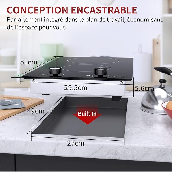 Plaque Vitrocéramique 2 Feux Encastrable, IsEasy Table de Cuisson 3200W, 11 Niveaux de puissance, Arrêt Automatique, Commande par Bouton - 2