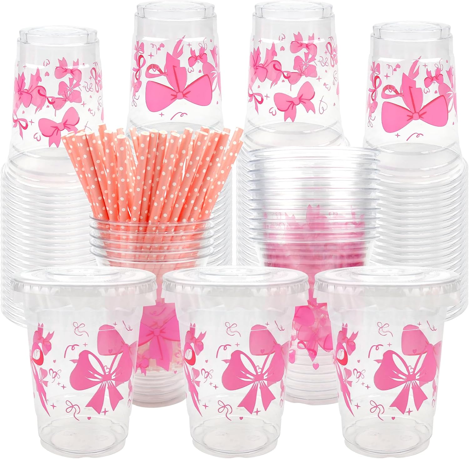 50 Pcs Pink Bow Plastic Cups with Lids and Straws, Pink Bow Clear Plastic Cup 16 oz Coquette Cups for Birthday Wedding Party Supplies (Large, 50, Count)