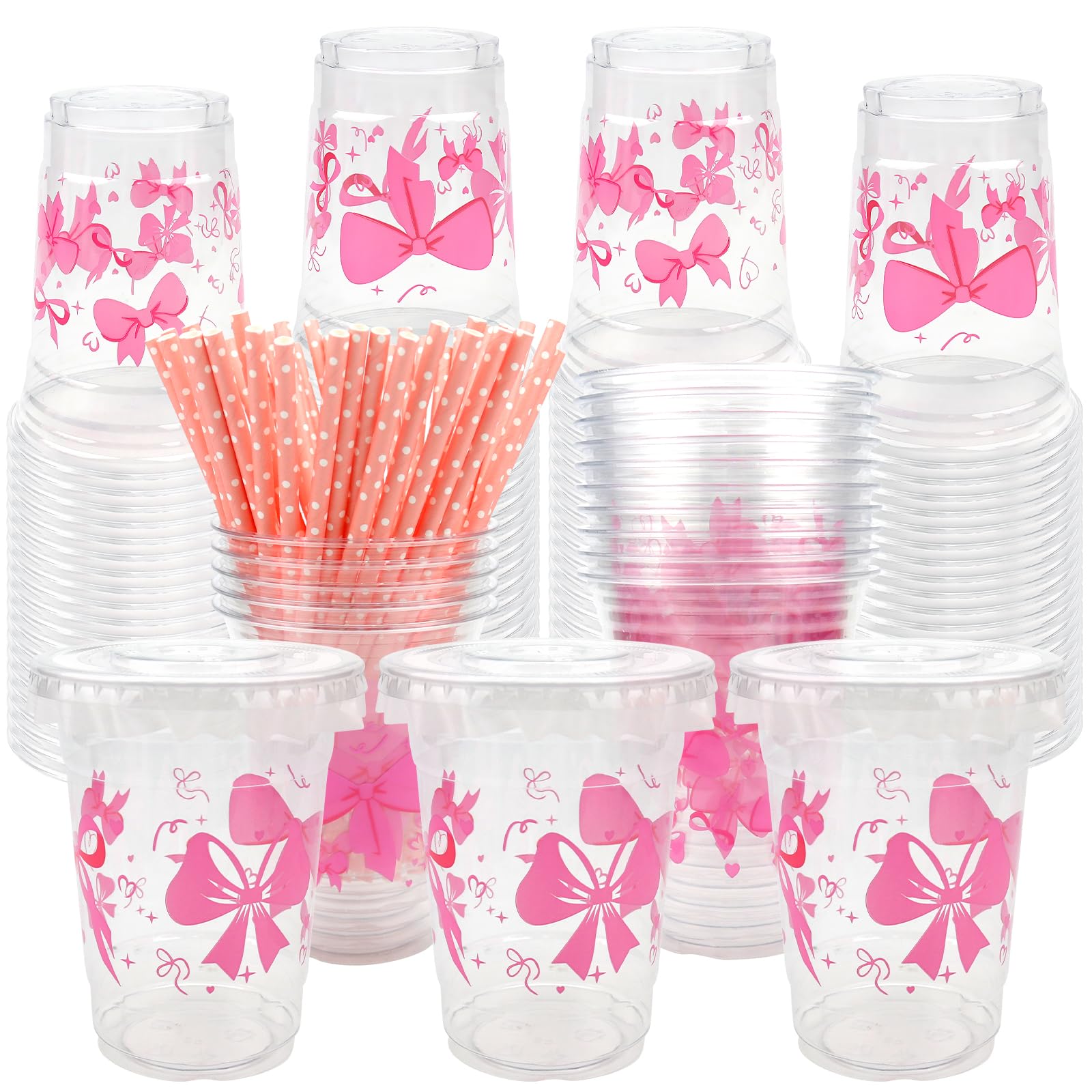 LSJDEER 50 Pcs Pink Bow Plastic Cups with Lids and Straws, Pink Bow Clear Plastic Cup 16 oz Coquette Cups for Birthday Wedding Party Supplies (Large, 50, Count)