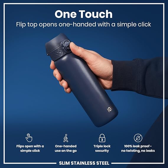 Ion8 Lightweight Steel Water Bottle, 600 ml/20 oz, Non-Insulated, Leak Proof, Easy to Open, Secure Lock, Dishwasher Safe, Flip Cover, Fits Cup Holders, Carry Handle, Metal Water Bottle, Ash Navy