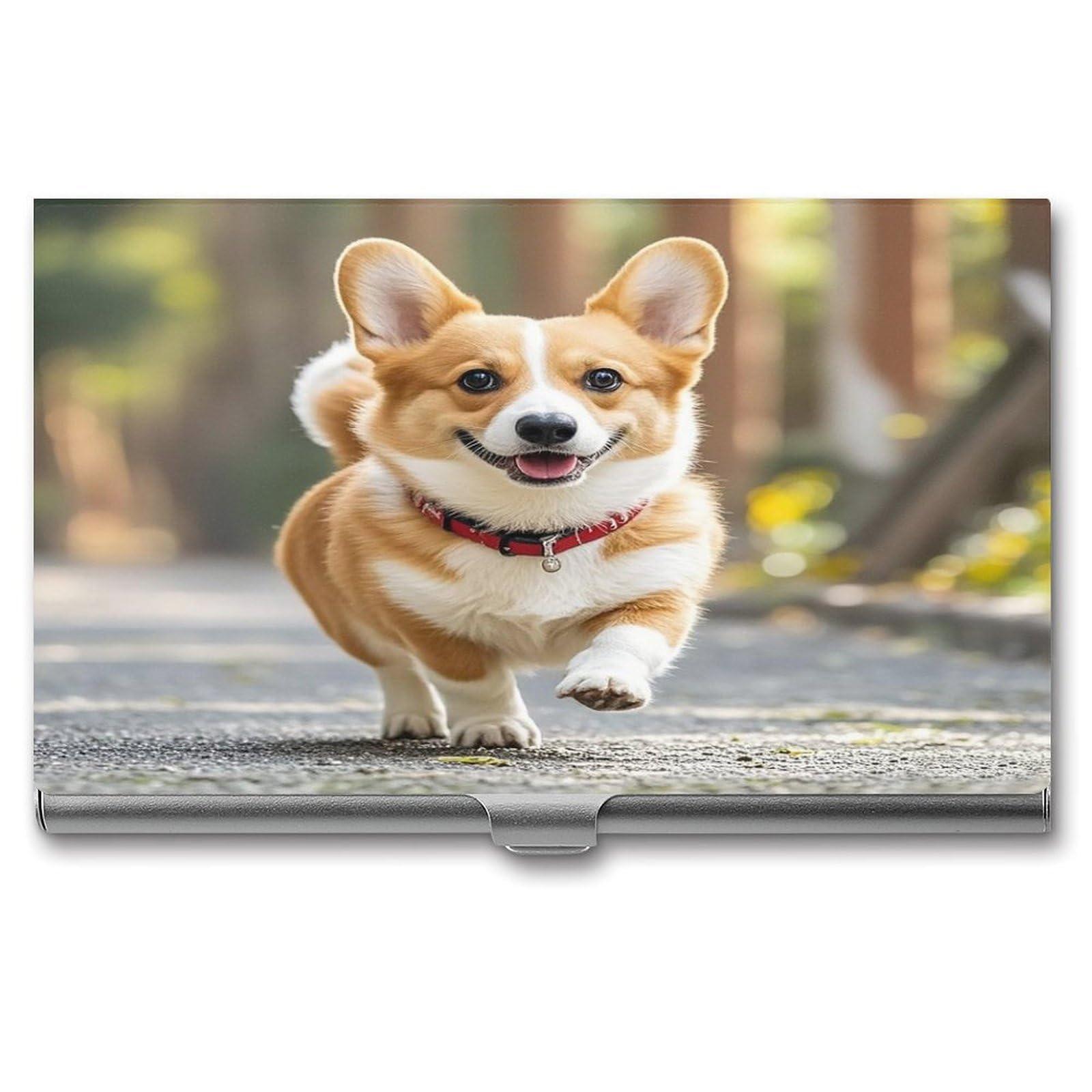 FekiLoot Running Corgi Business Card Holder Aluminum Alloy Business Card Case Convenient to Carry Business Card Dispenser for Men Women