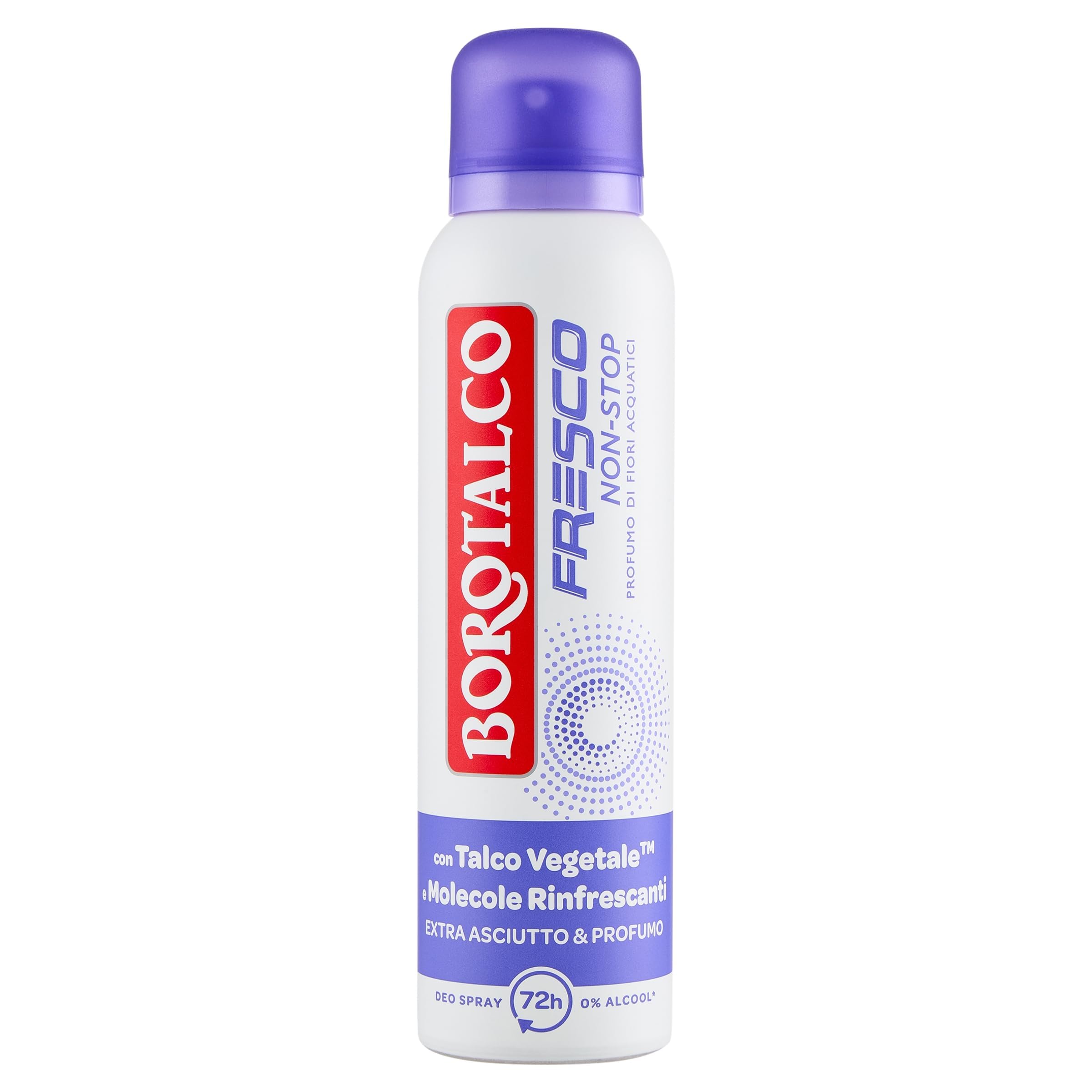 Borotalco, Deodorante Spray Fresco No Stop Fiori Acquatici, con Talco Vegetale e Molecole Rinfrescanti, Formula Fresca con Microcapsule Rinfrescanti, Efficacia Deodorante 72h, 0% Alcool, 150 ml