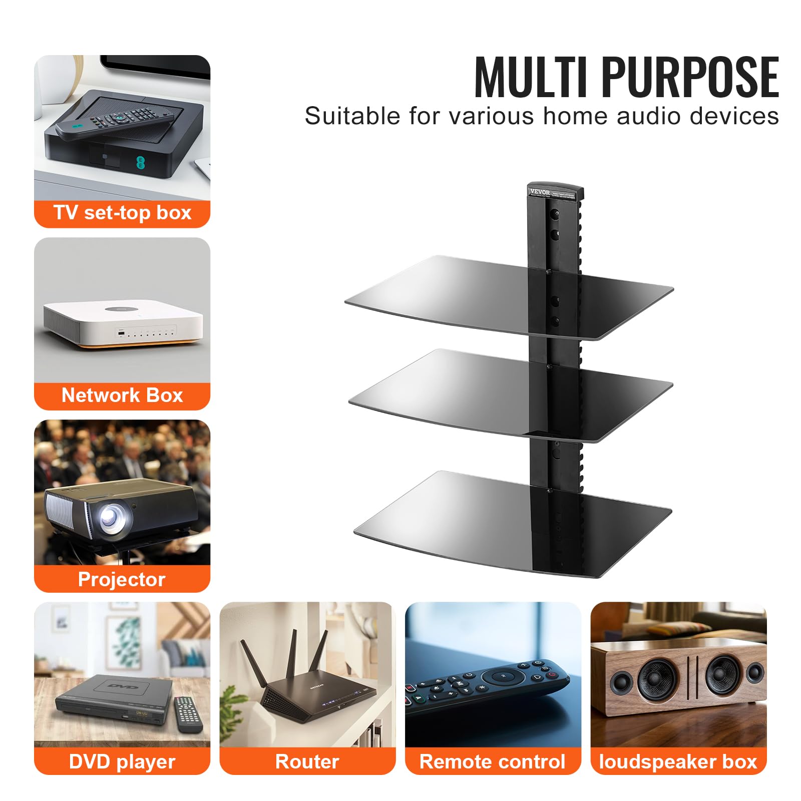 VEVOR Étagère Multimédia Mural 3 Niveaux, Support Audio Visuel en Verre Trempé, Capacité de Charge 8,2 kg pour Lecteurs DVD/Décodeurs/Consoles