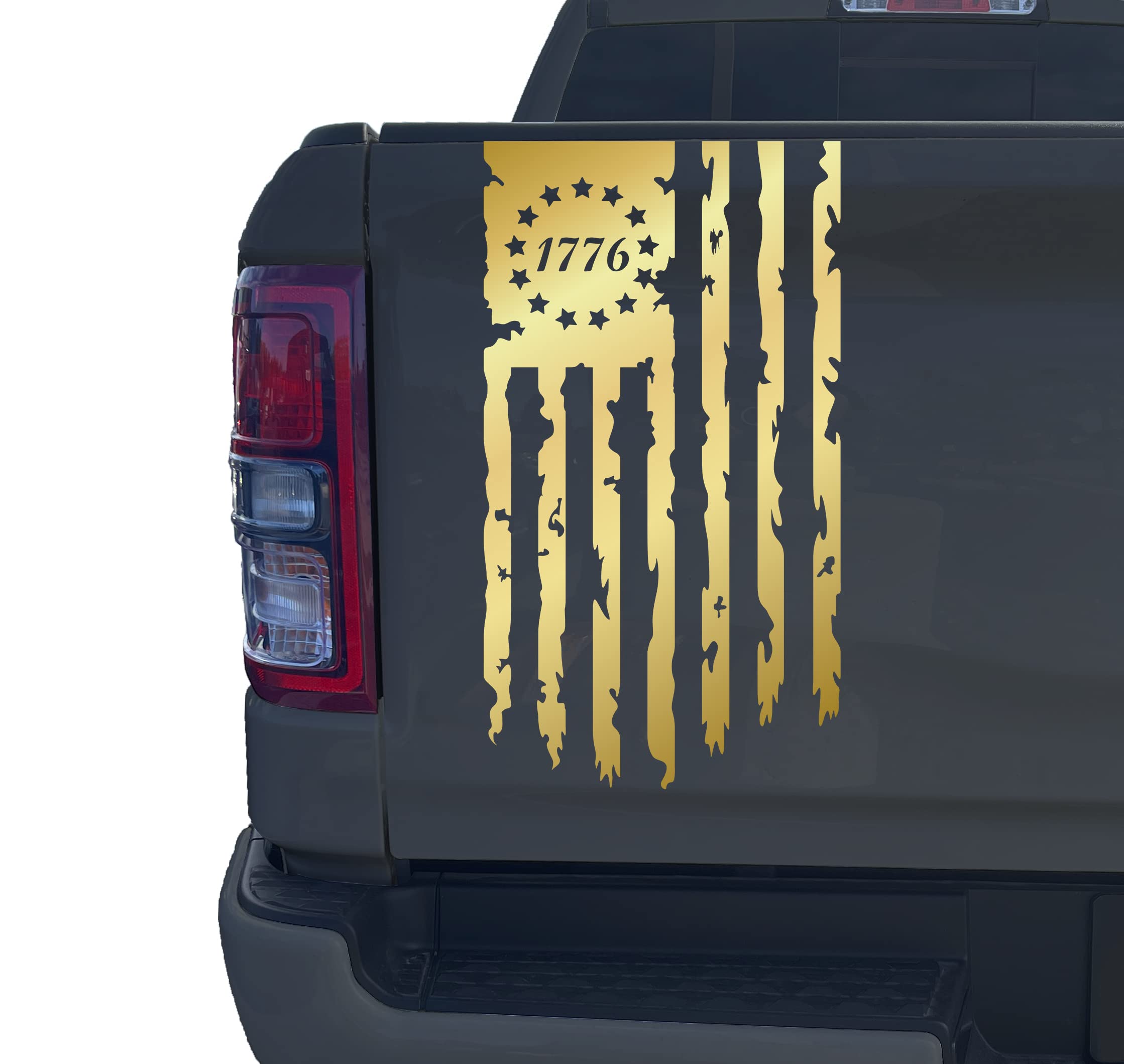 Aldera Graphics Betsy Ross Flag 1776 Distressed American USA US Flag Truck Tailgate Vinyl Decal Sticker Compatible with Most Pickup Trucks - (10" x 18") - Pickup Truck Rear Graphic Car Sticker (Gold