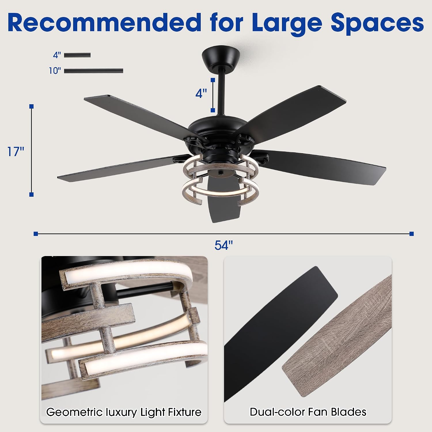 Ceiling Fans with Lights and Remote, 52 Inch Black Chandelier Ceiling Fan for Bedroom, Indoor Outdoor Ceiling Fans for Patios, 6-Speed Reversible DC Motor, Dimmable LED, 3 Light Color Tones, Timer