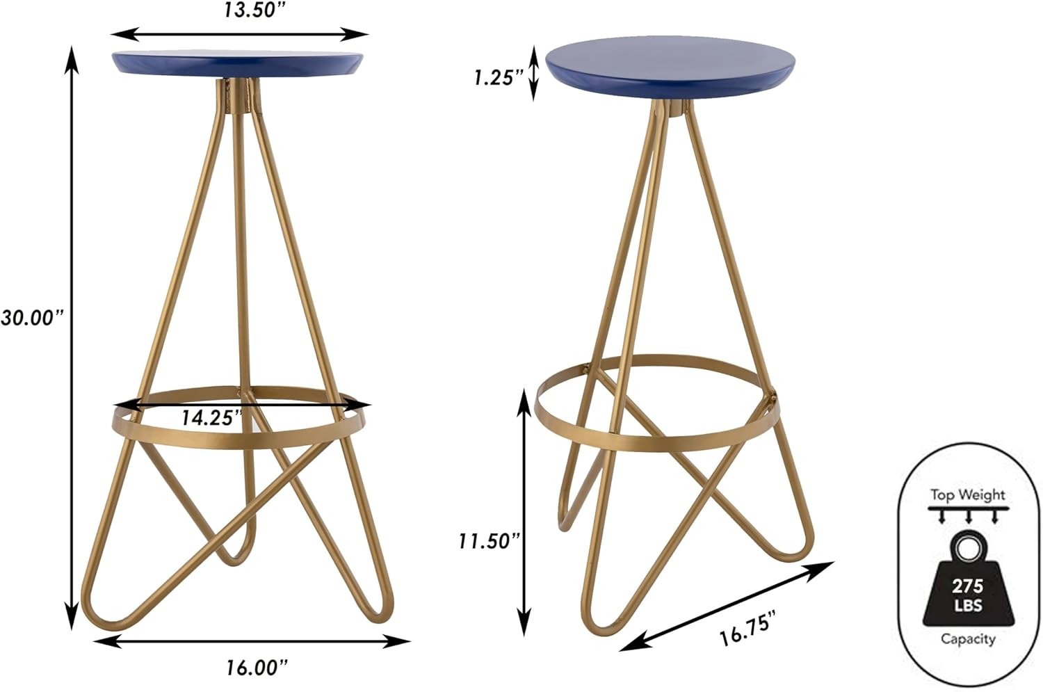 JONATHAN Y Spiroa 30" Navy Blue & Gold Modern Metal Backless Bar Stool, Iron Hairpin Leg Bar Chair with Footrest for Kitchen Island and Home Bar, Minimalist Design BSL1000A