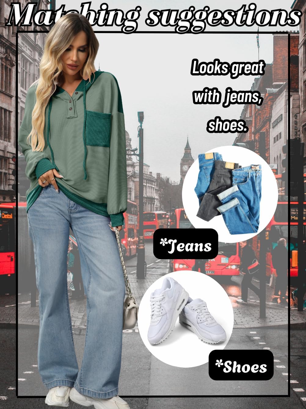 Kaei&Shi Color Block Hoodie,V Neck Pullover Sweatshirts For Women,Fall Hooded Long Sleeve Shirt - Image 6