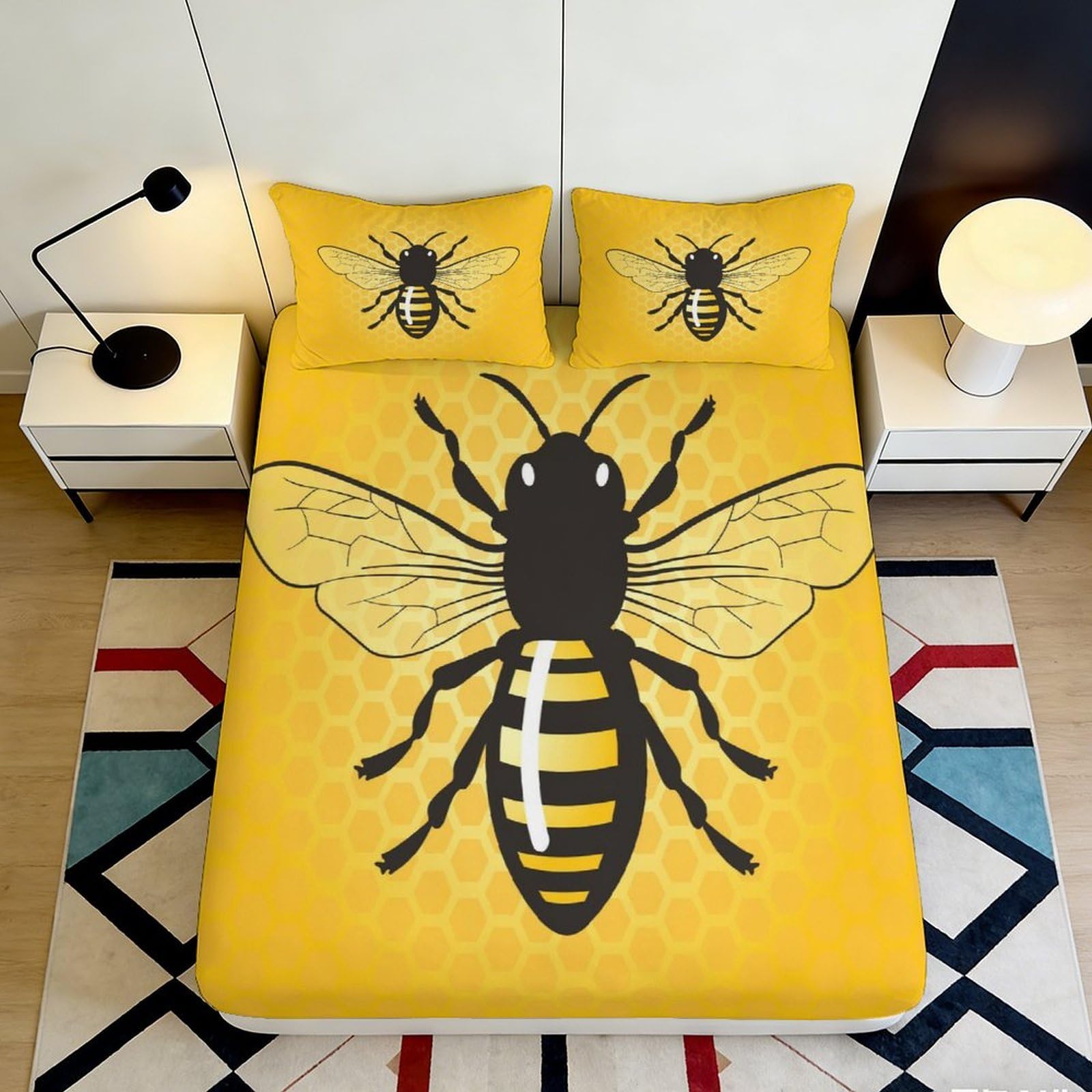 3D Printed Honey Bee Fitted Sheet Microfiber Deep Pocket Elastic Hem Beehive Bedroom Bedding Beehive Mattress Fitted Cover Washable for Adults 90x200x25cm