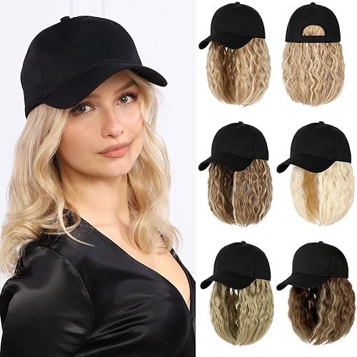 Lansigreen Gorra de béisbol con extensiones de cabello, peluca ajustable, gorra rizada de 14 pulgadas, peluca sintética para mujer, rubio bebé,
