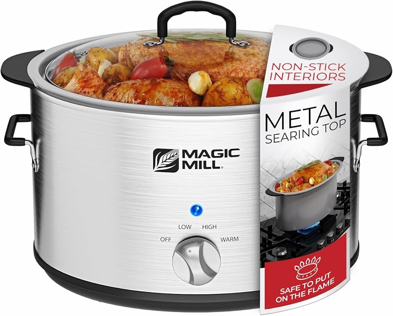 Slow Cooker 10 Quart | Extra Large Non-Stick Metal Searing Pot & Transparent Tempered Glass Lid Multipurpose Lightweight Slow Cookers, Pot is Safe to Put the On the Flame, Dishwasher Safe