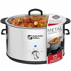 Magic Mill Slow Cooker 10 Quart Extra Large Non-Stick Metal Searing Pot Transparent Tempered Glass Lid Multipurpose Lightweight
