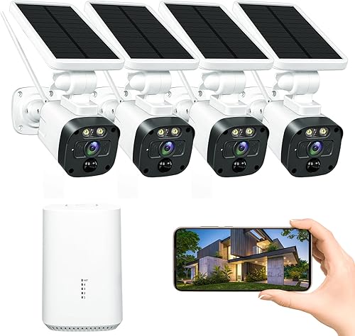Cámara solar de seguridad inalámbrica para exteriores para el hogar, kit de 4 cámaras con panel solar integrado, energía eterna, resolución 2K,