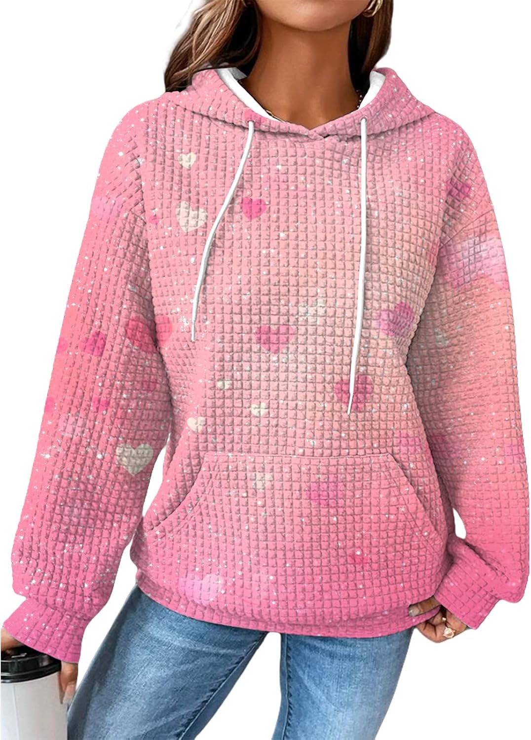 MARSVOVO Cute Love Heart Waffle Hoodie for Women Trendy Drawstring Graphic Sweatshirts Spring Casual Daily Pullover Tops