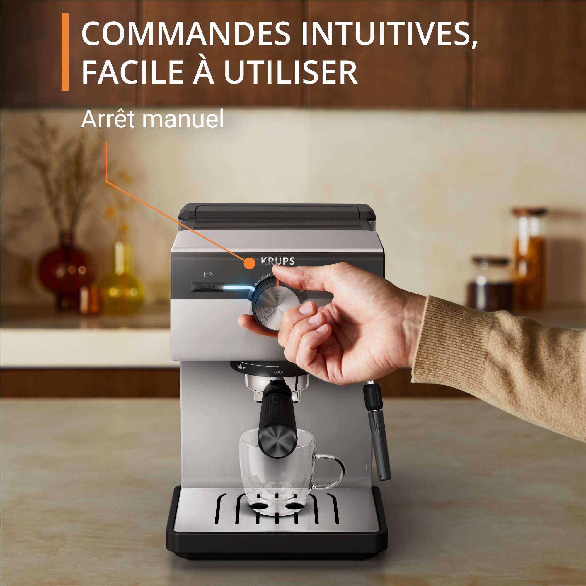 KRUPS Machine espresso manuelle, Qualité Barista, Espresso et Cappuccinos, Buse vapeur, Rangement des filtres inclus, Gris clair, Authentic, XP381B10