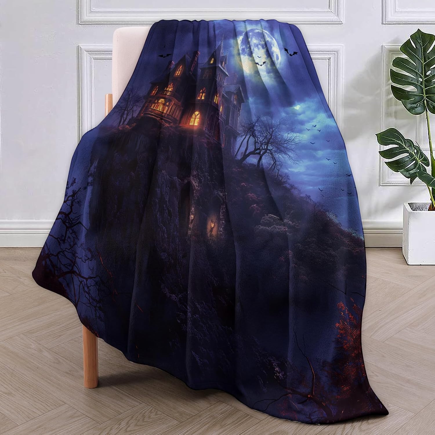 Gothic Fleece Blanket Gifts, Creepy Castle and Full Moon Design, Soft Throw 50x60 inches, Ideal for Halloween Night Decor - Dark Blue and Orange - Image 2