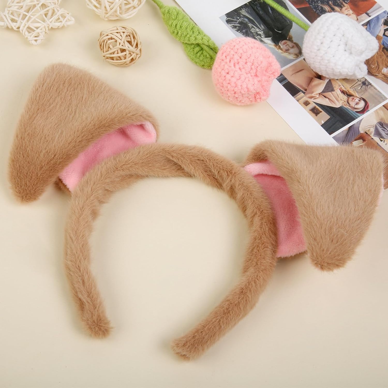 Huachi Dog Ears Headband Puppy Ears Brown, Halloween Dog Costume Party Headwear, Realistic Fluffy Puppy Headband - Image 3