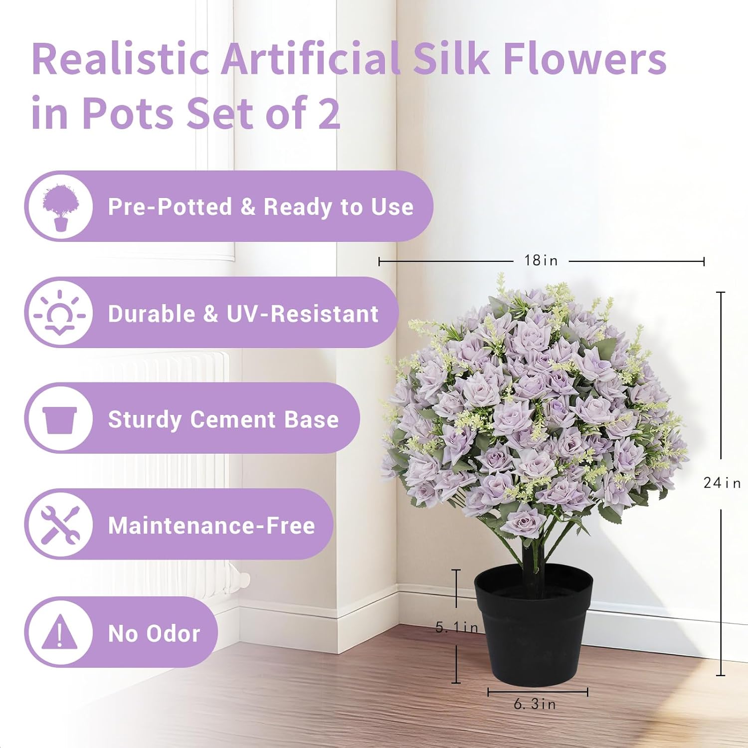24” Artificial Flowers for Outdoors, Set of 2 Realistic Faux Purple Roses in Cement Pots, UV Resistant Fake Plants Look Real for Front Porch, Entryway & Indoor Spring Decor