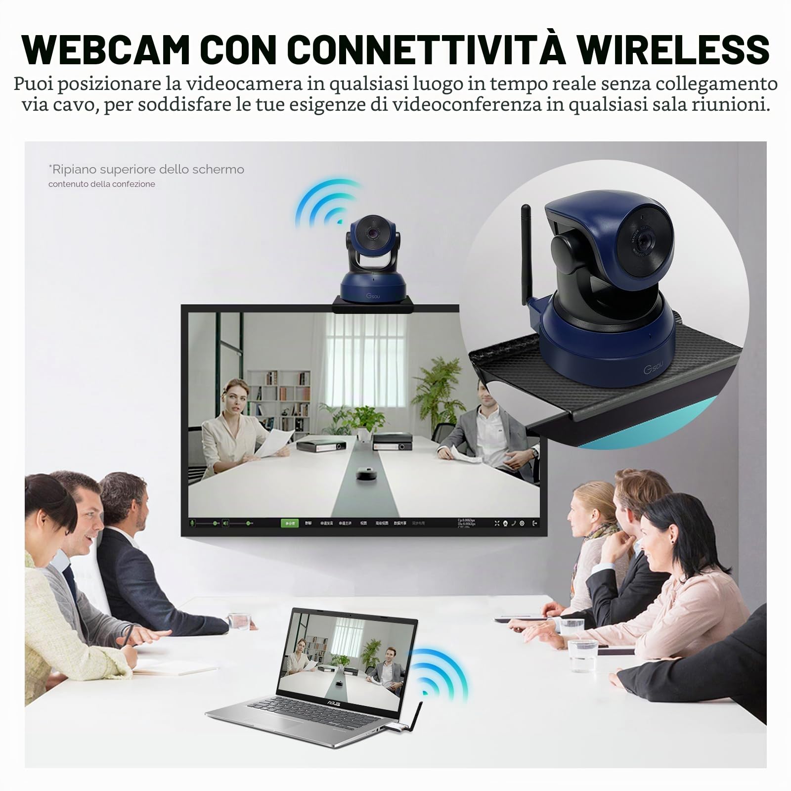 Gsou Webcam wireless, videocamera HD 1080P per videochiamate e streaming Plug and Play, telecamera regolabile per PC, Mac/Laptop/Macbook, funziona con zoom, Skype, team (con supporto per treppiede)