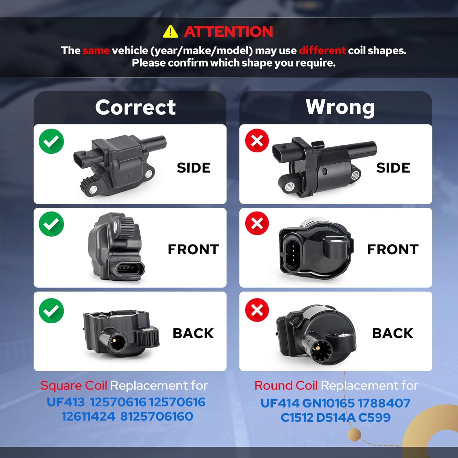 ENA Square Ignition Coil Pack UF413 Compatible with Chevy Silverado 1500 Tahoe GMC Sierra 1500 Yukon Cadillac Escalade Buick 03-21 4.8 5.3 6.0 6.2 6.6 7.0L V8 Coils Set of 4 Replacement for GN10165