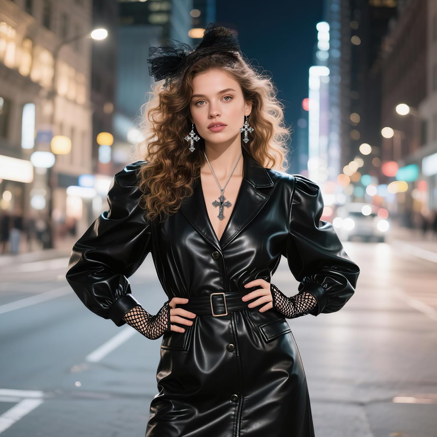 80s Costume Accessories for Women, Punk Rock Jewelry Set with Cross Necklace, Vintage Outfits for Women Retro Party - Image 6