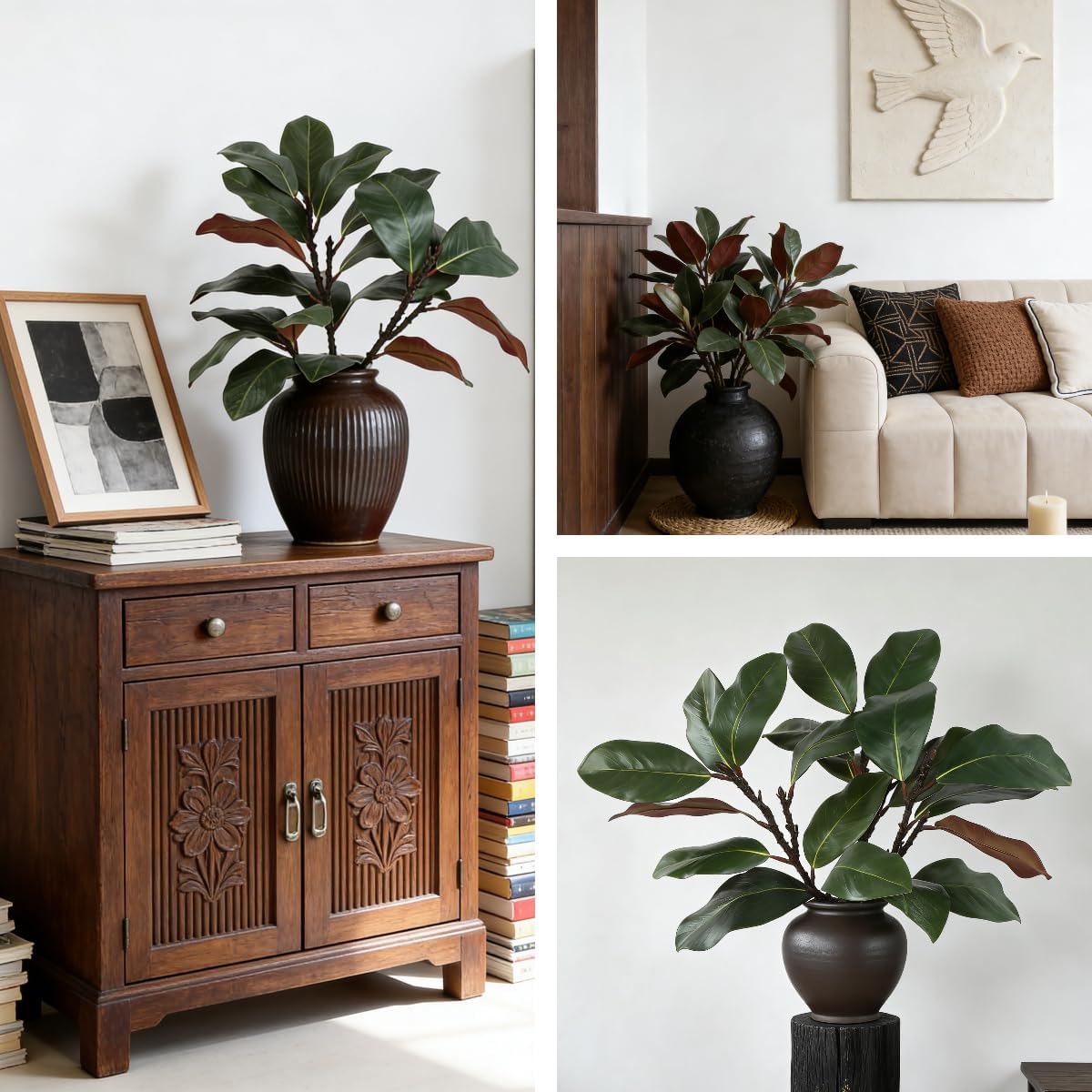 LFF 5Pcs Real Touch Faux Magnolia Stems, 22“ Fake Magnolia Greenery, 3D Artificial Magnolia Leaves Branches for Vase Fillers, Indoor Outdoor Home Office Table Decoration