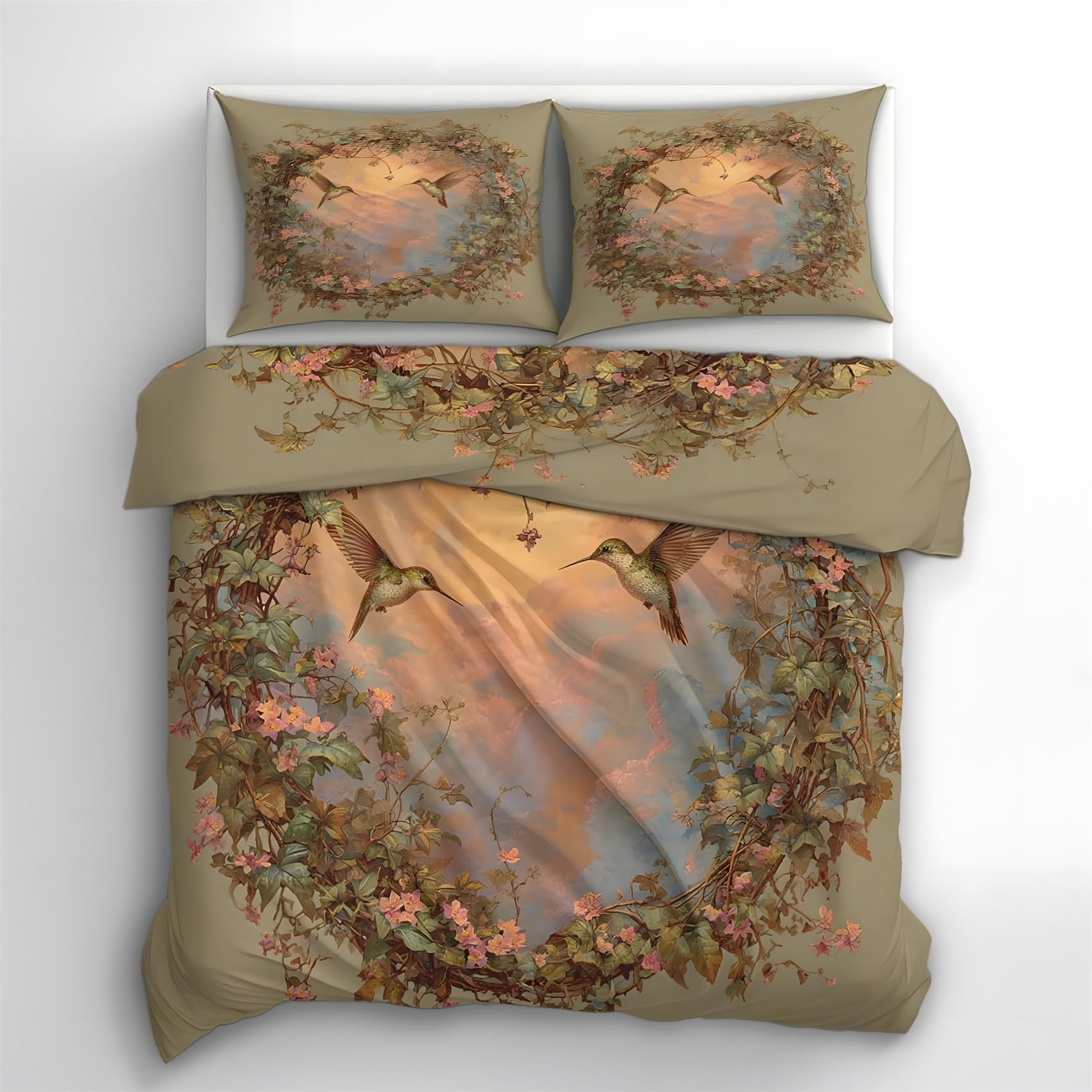 Colibrí Funda Nórdica Cama 105 Juego, Reversible Microfibra Juegos Cama Caqui Funda Edredon 180×220 y 2 Fundas 50x75, con Cremallera, Apto Hombres y Mujeres RP508