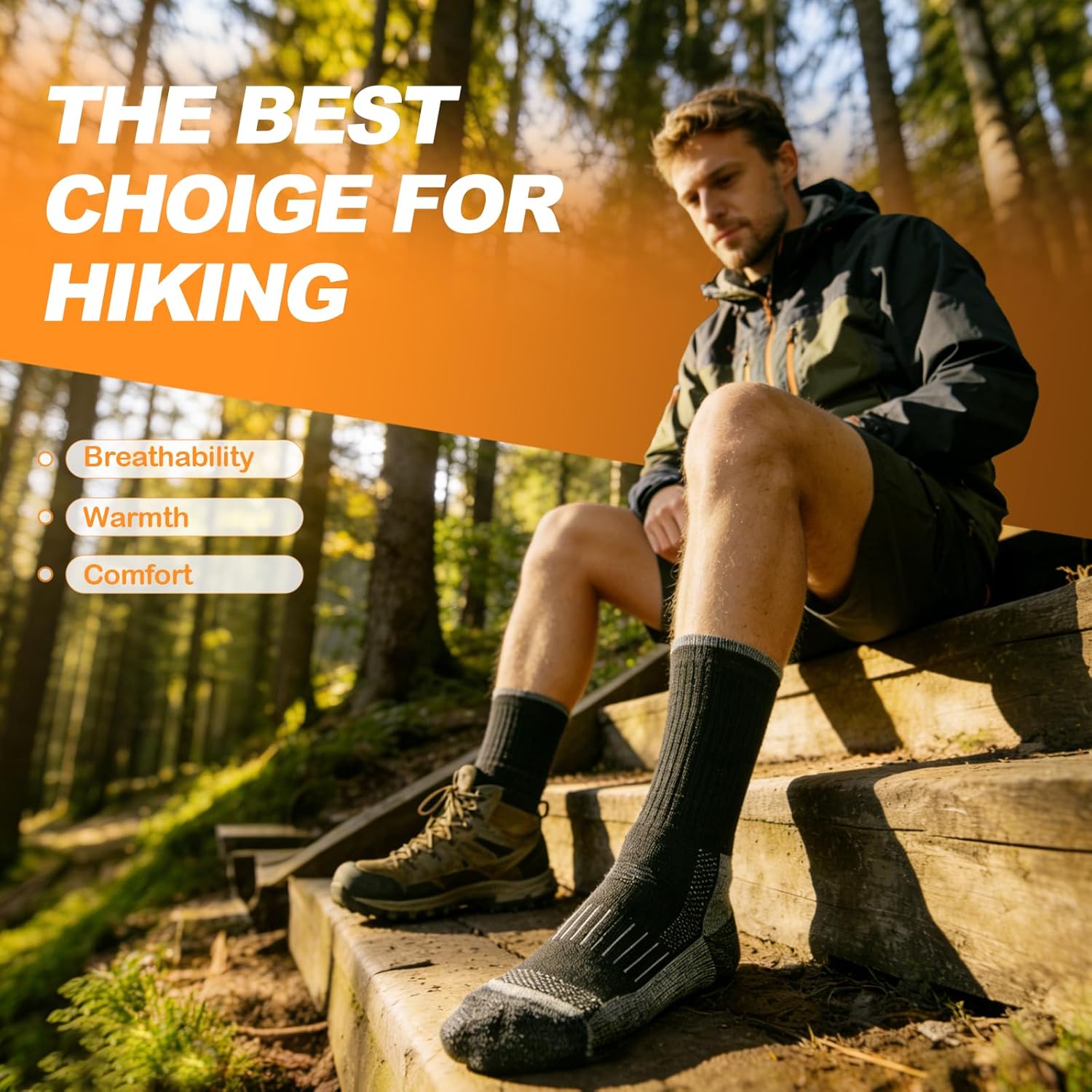 Merino Wool Hiking Crew Socks for Men & Women, Thermal Socks,Cushioned Anti-Blister, Breathable 3 Pairs