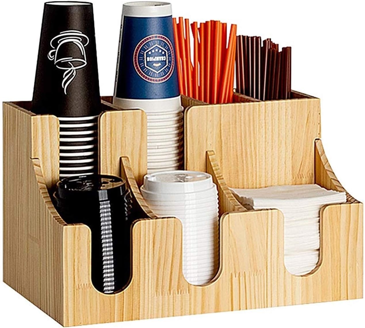Coffee Condiment Organizer 7 Compartments for One A Very Professional Coffee Program Presentation Arylic or Bamboo Wood Material for Store Office Home and Breakroom (Color : Wood)