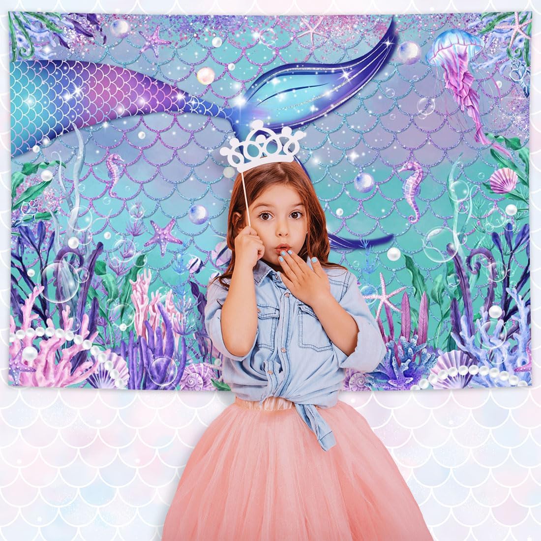 Avezano Mermaid Backdrop for Girls Birthday Under The Sea Little Mermaid Party Banner Decorations Purple Corals Pearls Glitter Scales Underwater Photography Background Supplies 8x6ft