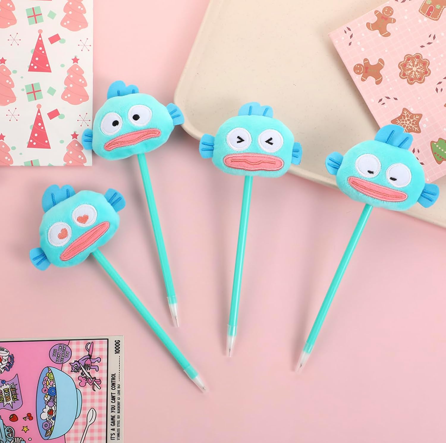 Bandal & Neoul Hangyodon's Assorted Plush Novelty Ballpoint Pens Set of 4 - Different Face Each