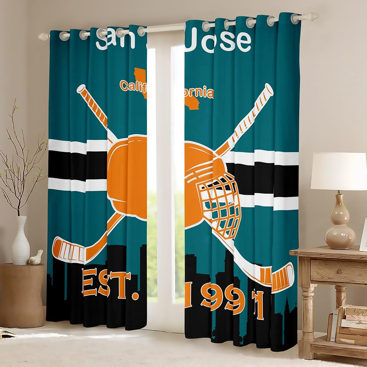 Erosebridal Ice Hockey Curtain 42x63 inch for Kids,Boy Ice Hockey Fans Window Curtains for Adult,Fan Gift Sports Themed Window Treatments,Ball Game Shades Drapes 2 Panels for Living Room(San Jose)