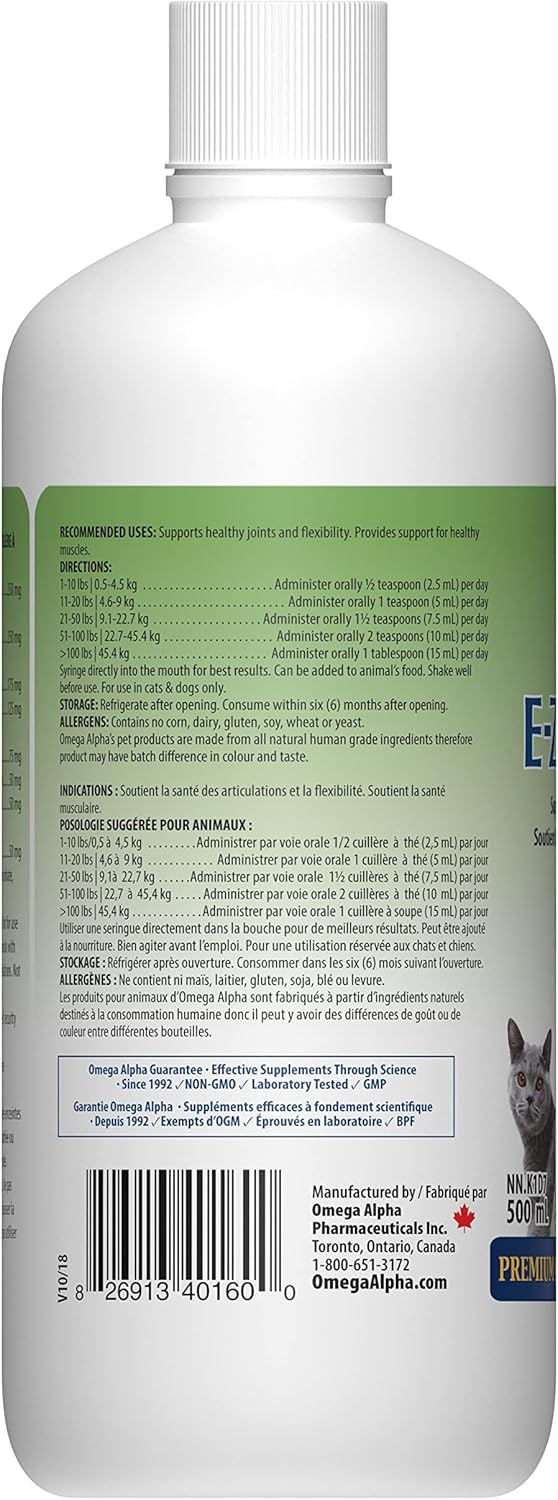 Omega Alpha E-Z Mobility Liquid 500mL for Pets, Hip & Joint Supplement for Dogs & Cats with MSM & Turmeric, Supports Flexibility & Muscle Comfort Daily