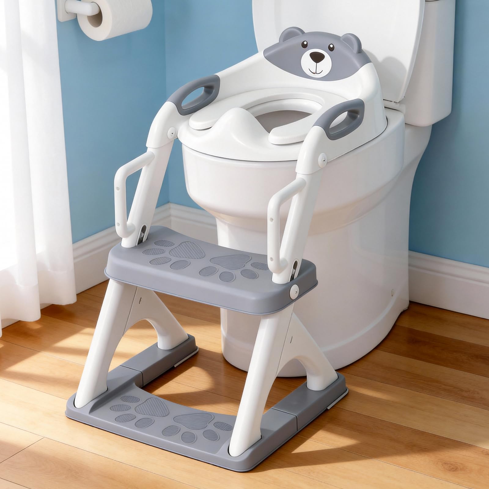 SKYROKU 8899Pro - Sedile WC per bambini, ragazzi e ragazze, 2 in 1, con paraspruzzi, antiscivolo, più sicuro e comodo (8899Pro, grigio)