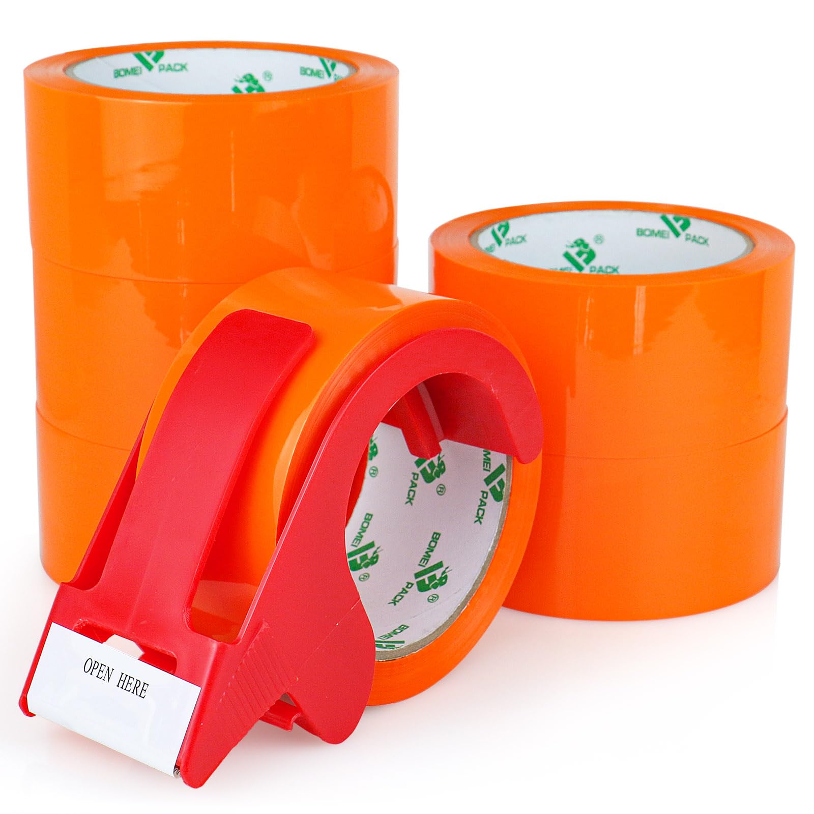 BOMEI PACK 6 rouleaux Ruban d’emballage 66m x 48mm pour emballage - avec dévidoir,impression adhésif fort pour colis, entrepôt, e-commerce (Orange)