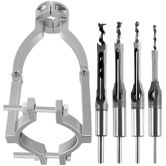 Square Hole Drill Bit Adapter with 4pcs Square Hole Drill Bit, Mortising Attachment for Drill Press, Mortise and Tenon Tools, Easy Install or Disassemble Fixing Bracket