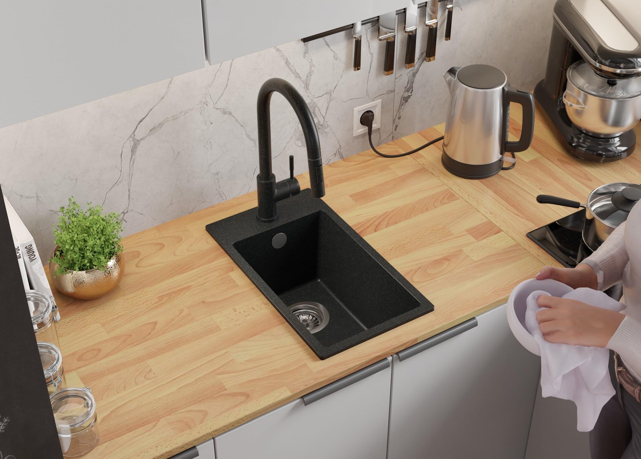 PRIMAGRAN Fregadero Cocina Grafito - Riga, 28x50cm | Granito 1 Seno + Sifón, sobre Encimera al Mueble 30cm (S003)