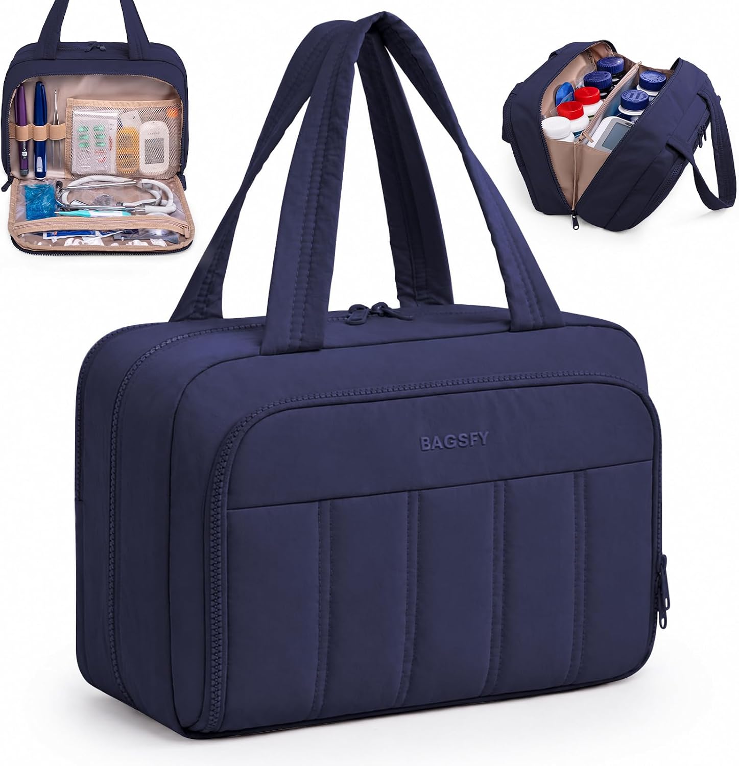 BAGSFY Travel Medicine Bag with 2 Separate Compartments, Wide-Opening Medication Organizer, Puffy Medical Storage Bag for Prescription Bottles, Pill Cases, Medical Supplies,Travel & Family Emergency