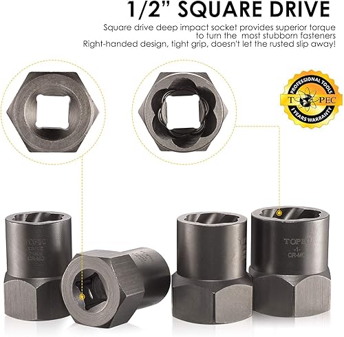 Miniatura 10 de Topec Juego de extractor de tuercas y pernos de impacto de 13+1 pieza, juego de dados extractores de pernos de 3/8 pulgadas, removedor de tuercas 13