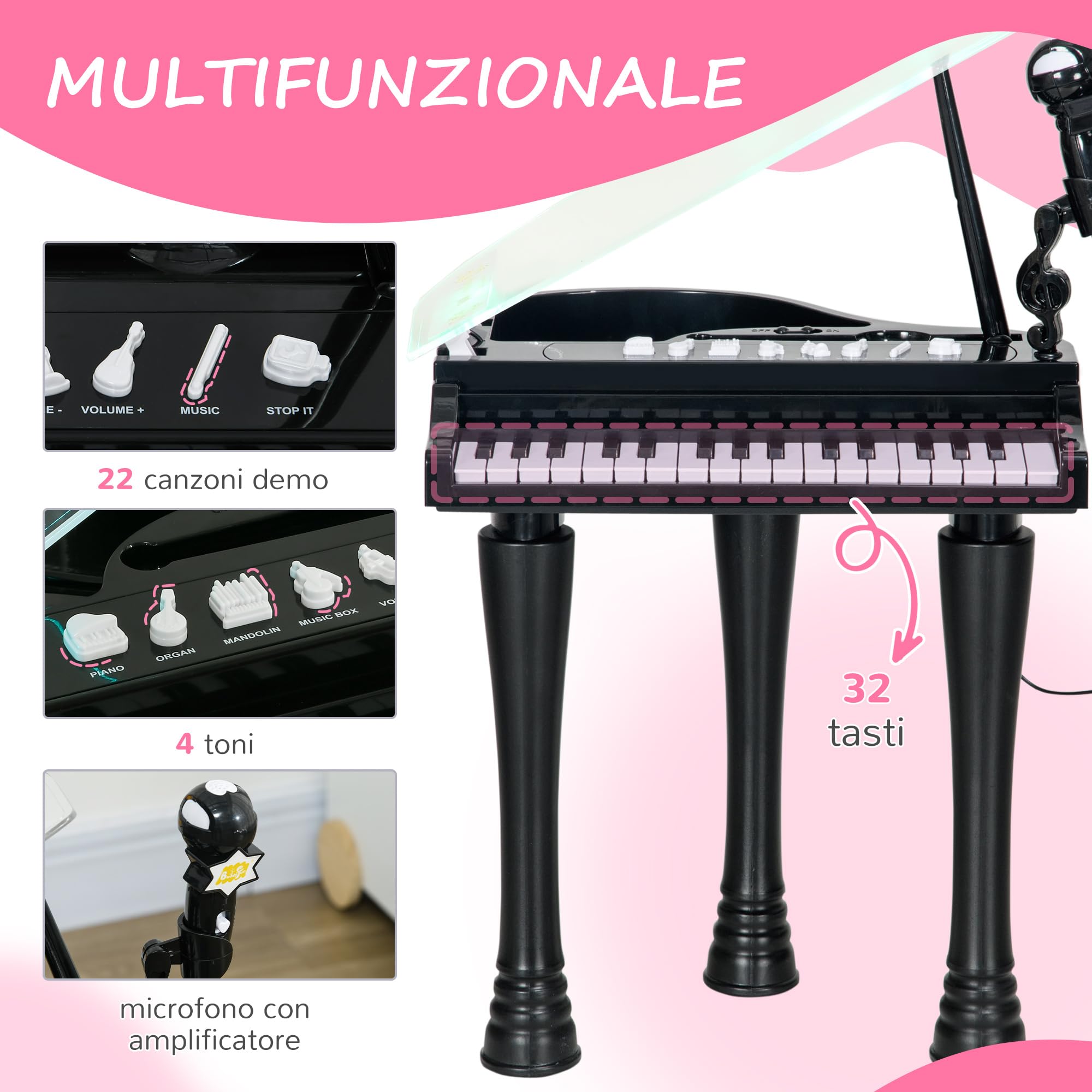 AIYAPLAY Pianoforte per Bambini a 32 Tasti con Microfono e Musiche Nero | Con Sgabello, Tastiera Pianoforte Giocattolo, Gambe Rimovibili