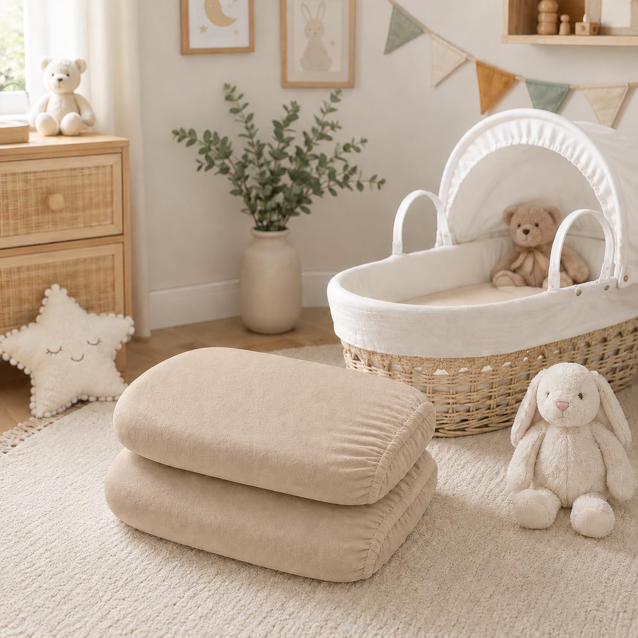 BABYMAM 2 Pack Jersey Fitted Sheets 75 x 30 cm for Moses Basket, Carrycot, Pram & Bassinet, 100% Cotton, Soft Stretchy Breathable Baby Mattress Covers (Beige)