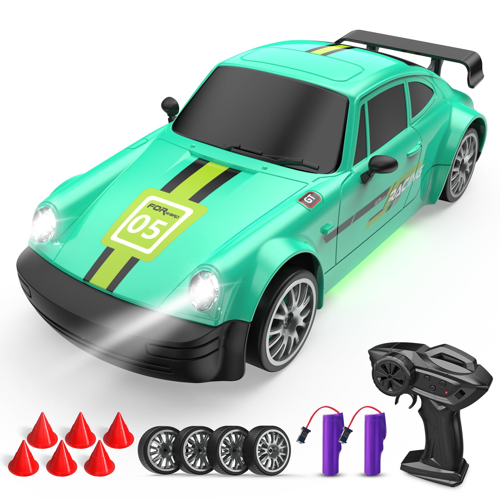 Remote Control Car RC Drift Car 2.4GHz 1:20 Scale 4WD 20KM/H High Speed Remote Control Cars Vehicle with LED Lights Drifting Tire 2Pcs Rechargeable Batteries Toy Cars for Adults Boys Girls (Green)