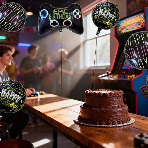 Miniatura 4 de 5 globos de fiesta de videojuegos, globos negros, membrana de aluminio, suministros de feliz cumpleaños para niños, decoración de fondo de